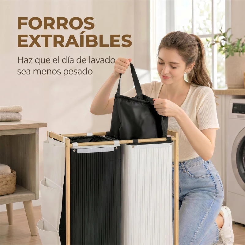HOMCOM Cesto de Ropa Sucia con Tapa 120L de Bambú con 2 Compartimentos Bolsas con Cordón Bolsillos Laterales Blanco y Negro