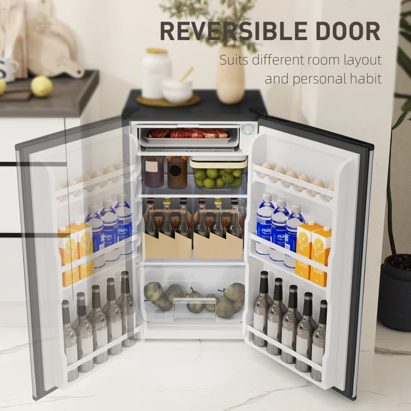 HOMCOM Under Counter Fridge, 91L Small Fridge with Chiller Box, Removable Shelf, Reversible Door, Adjustable Legs, Mini Refrigerator,  Silver Tone