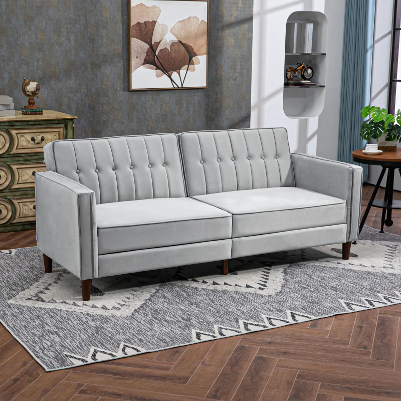 HOMCOM Modern Convertible Sofa Futon Velvet-Touch Tufted Couch Compact Loveseat with Adjustable Split Back, Light Grey