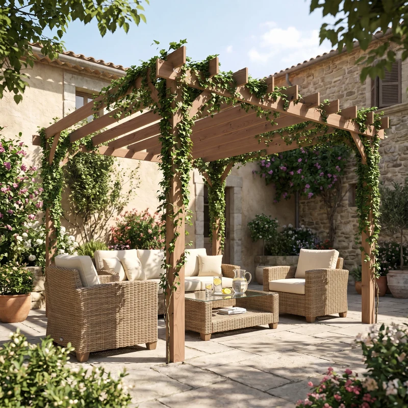 Outsunny 3 x 3 m Wooden Pergola Kit, Garden Pergola Gazebo Grape Trellis with Triangle Supports, Maple Wood-effect