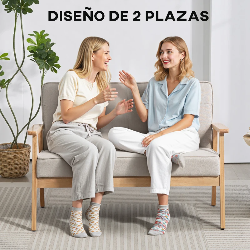 HOMCOM Sofá de 2 Plazas Tapizado en Lino Sintético Sofá Nórdico con Patas y Reposabrazos de Madera 113x67x78 cm Beige