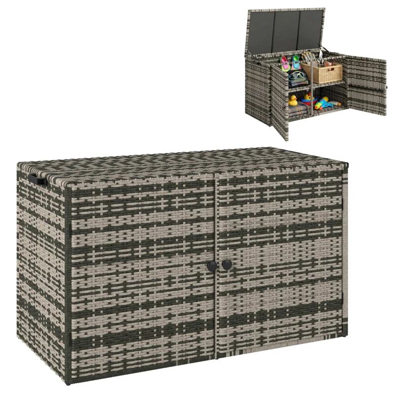 Outsunny Baule da Esterno da 350L a 2 Livelli con Pistoni a Gas, Rattan PE e Acciaio, 118x57x69 cm, Grigio