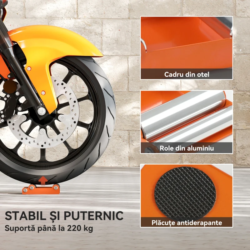 HOMCOM Suport moto cu sprijin antiderapant și 3 role, din oțel și aluminiu, 15x11.5x4 cm, portocaliu
