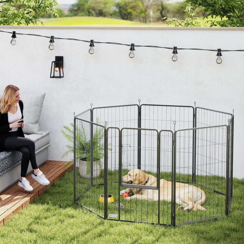 PawHut Parque para Perros de 8 Paneles de 100 cm de Altura con Puerta para Interior y Exterior Negro
