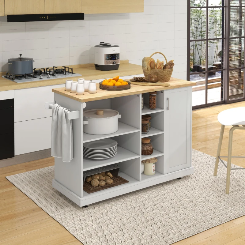 HOMCOM Carrinho ilha de cozinha com rodízios 7 compartimentos 1 armário 1 porta 1 suporte para panos 129 x 51 x 93 cm madeira e branco