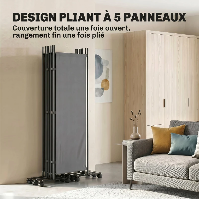 Outsunny Paravent 5 Panneaux 252x170cm, Paravent Pliant avec 12 Roulettes et Clips de Connexion, Acier et Polyester, Gris Foncé