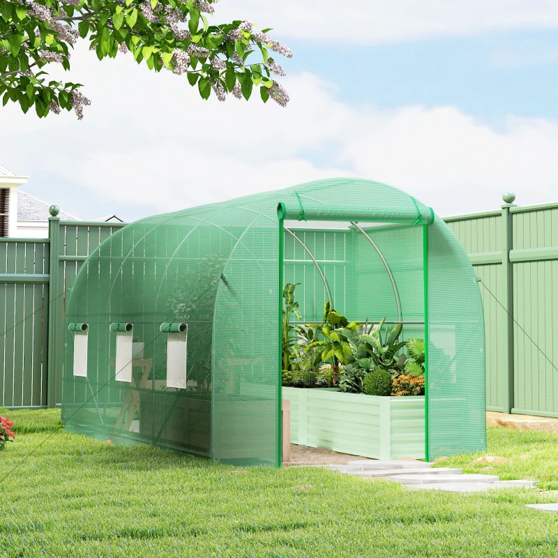 Outsunny Serre tunnel de jardin 8 m², serre de jardin tunnel avec porte et 6 fenêtres, bâche PE 140 g/m² 400 x 200 x 200 cm vert