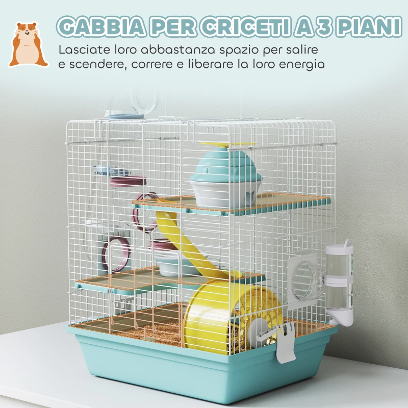 PawHut Gabbia per Criceti a 3 Livelli e 12 Tubi con Casetta, Rampa, e Accessori, in Metallo e Plastica, 34.5x27.5x41 cm, Grigio