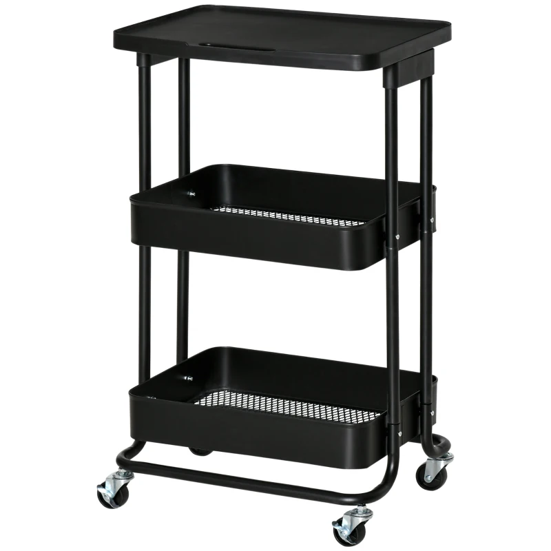 HOMCOM Carrito Auxiliar con Ruedas Carro de Almacenaje de 3 Niveles  para Baño Cocina Dormitorio Oficina 46x34,5x76,5 cm Negro