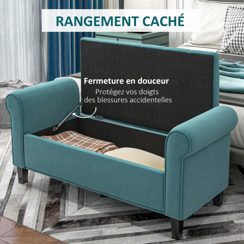 HOMCOM Banc de rangement bout de lit avec accoudoirs, tissu velours rembourré et capitonné, 126 x 48,5 x 57 cm, vert