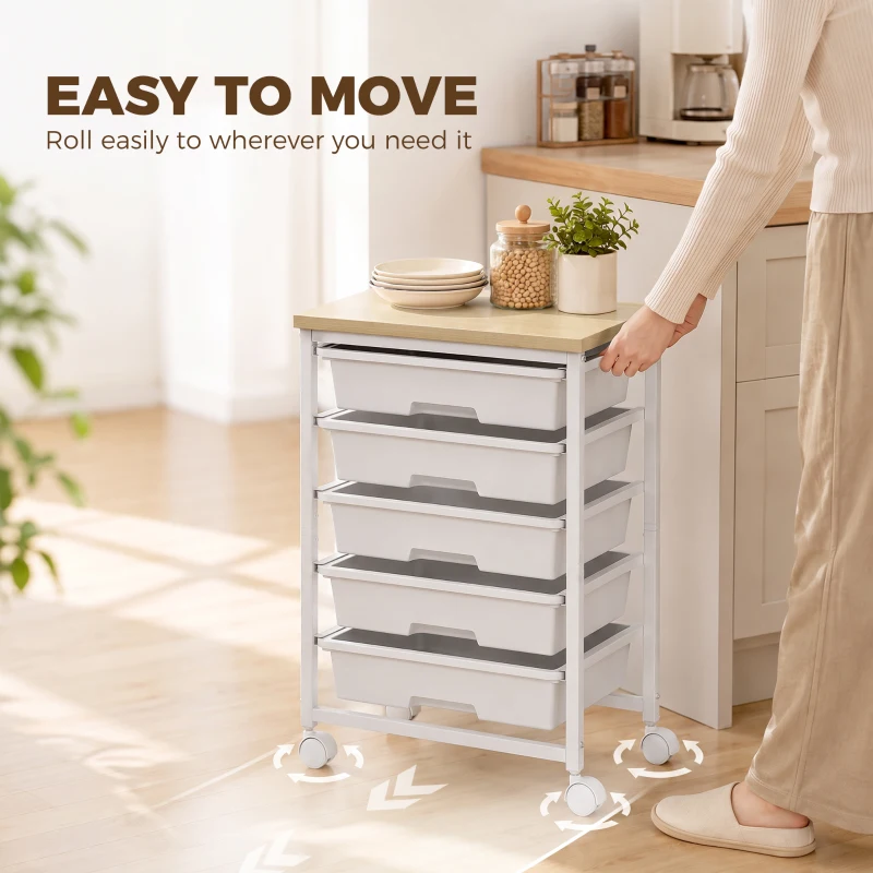 HOMCOM 6-Tier Storage Trolley on Wheels, Metal Kitchen Rolling Cart with 5 Pull-Out Drawers, White
