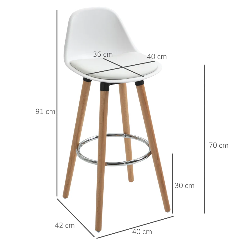 HOMCOM Lot de 4 tabourets de bar style scandinave hauteur 70 cm avec pieds en bois et repose-pieds en acier - blanc