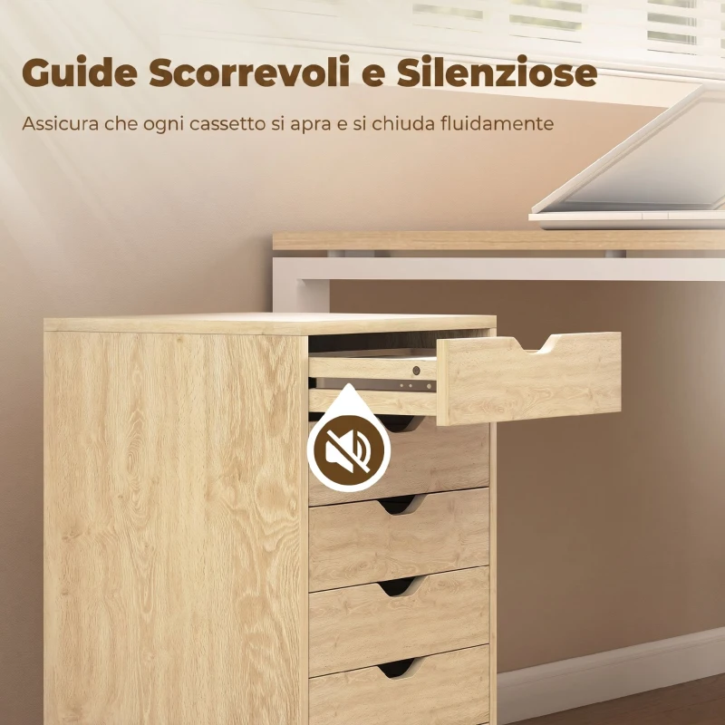 HOMCOM Cassettiera da Ufficio a 6 Cassetti con 4 Ruote e Blocco, 40x35x63 cm, Rovere