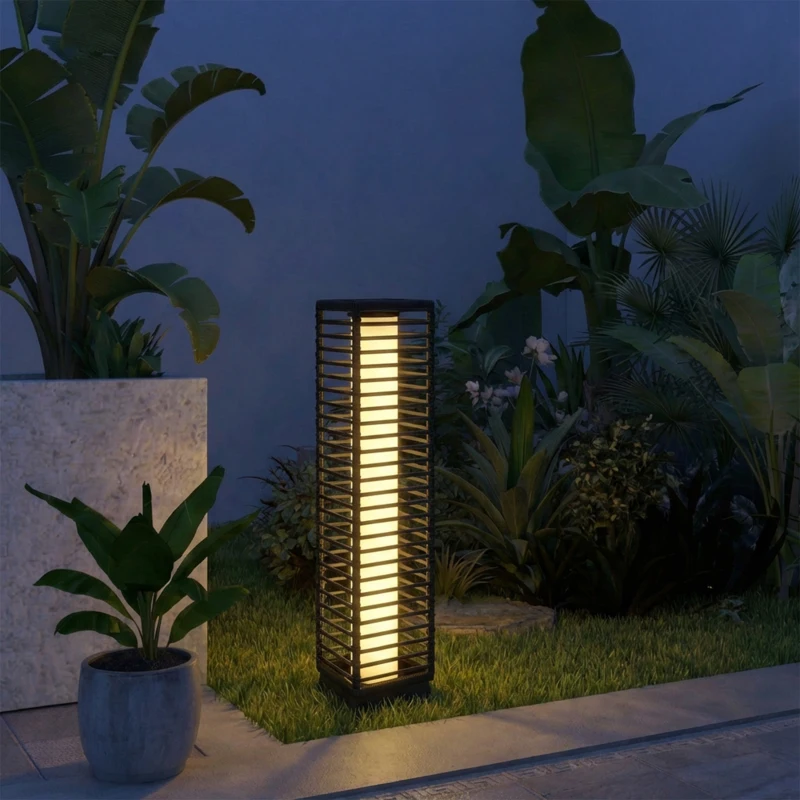 Outsunny Lanterne Solaire Extérieure en résine tressée lampadaire sans fil rechargeable capteur de lumière 16 x 16 x 68 cm noir