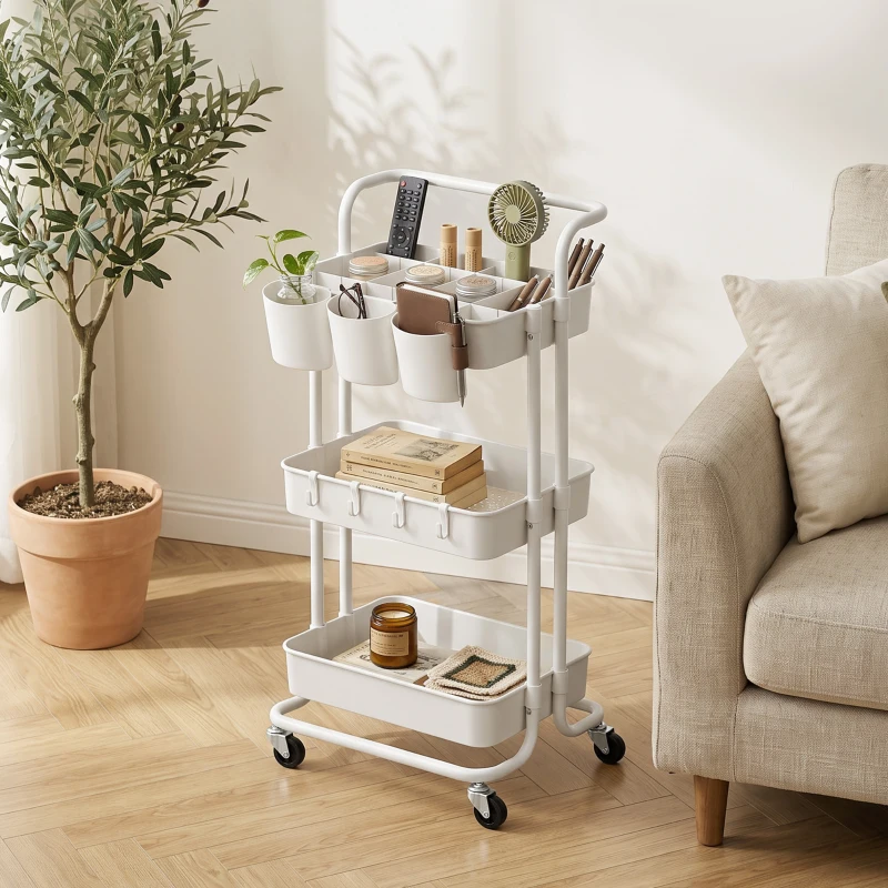 HOMCOM Carrello Cucina Multiuso a 3 Livelli con Cestini e Ganci Rimovibili, Ripiano con 12 Divisori, Bianco
