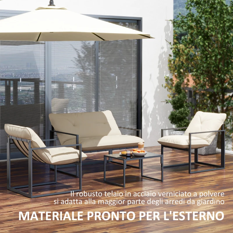 Outsunny Set da Giardino 4 Pezzi con Divanetto, 2 Poltrone e Tavolino, in Acciaio, Poliestere e Cotone PP, Beige e Grigio