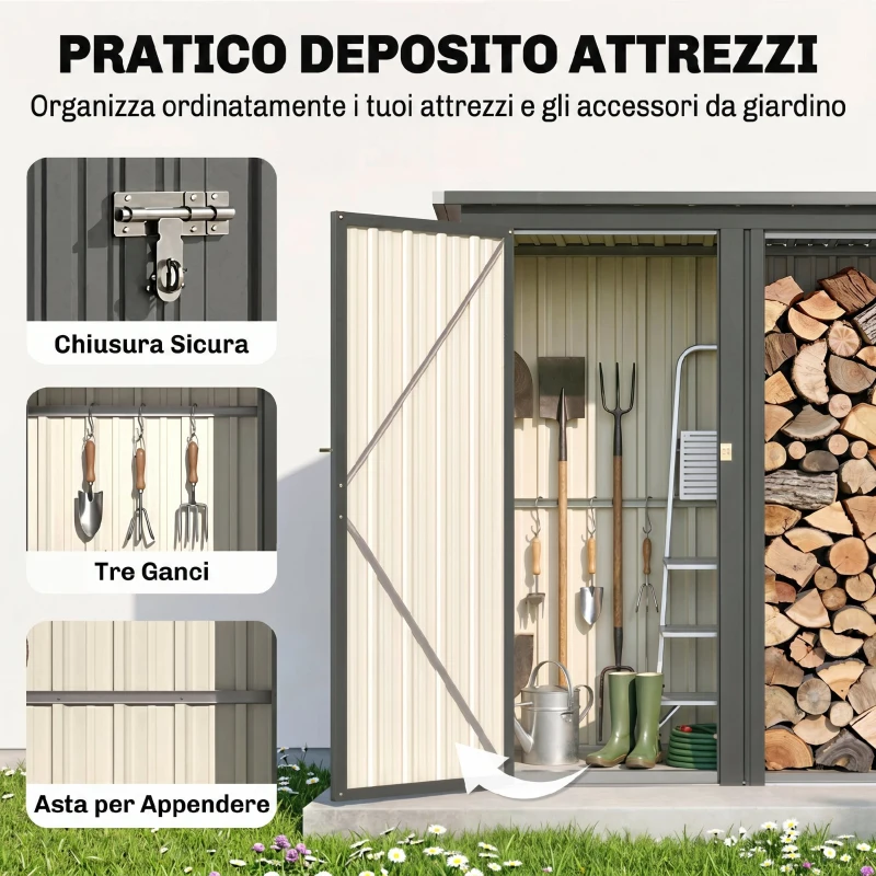 Outsunny Portalegna da Esterno 2 in 1 con Armadietto Porta Attrezzi, 1.26 m², 235x67x149 cm, Grigio Scuro