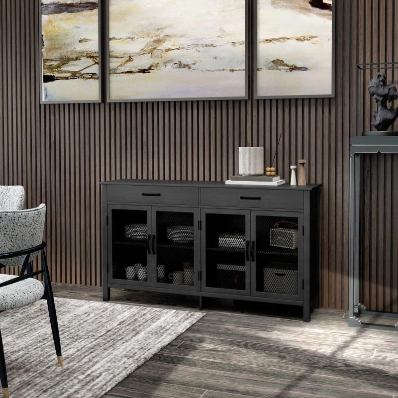 HOMCOM Buffet baixo móvel de arrumação 4 portas com prateleiras reguláveis e 2 gavetas estilo industrial 150 x 40 x 85 cm preto