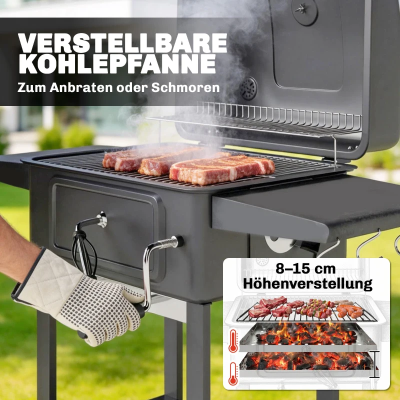 Outsunny Holzkohlegrill BBQ Smoker mit Deckel Thermometer höhenverstellbar Kohlepfanne Kamin Grillrost Seitentisch Aschefach