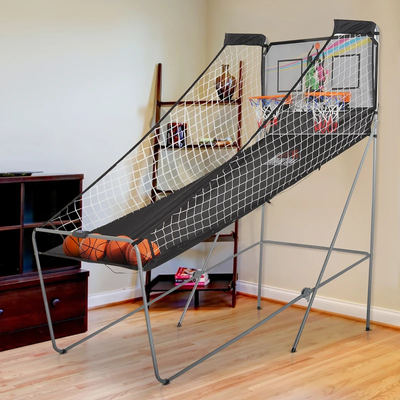 HOMCOM Canestri Basket con Tabellone LED, 4 Palloni e 8 Modalità di Gioco, 205x110x205 cm, Bianco e Nero