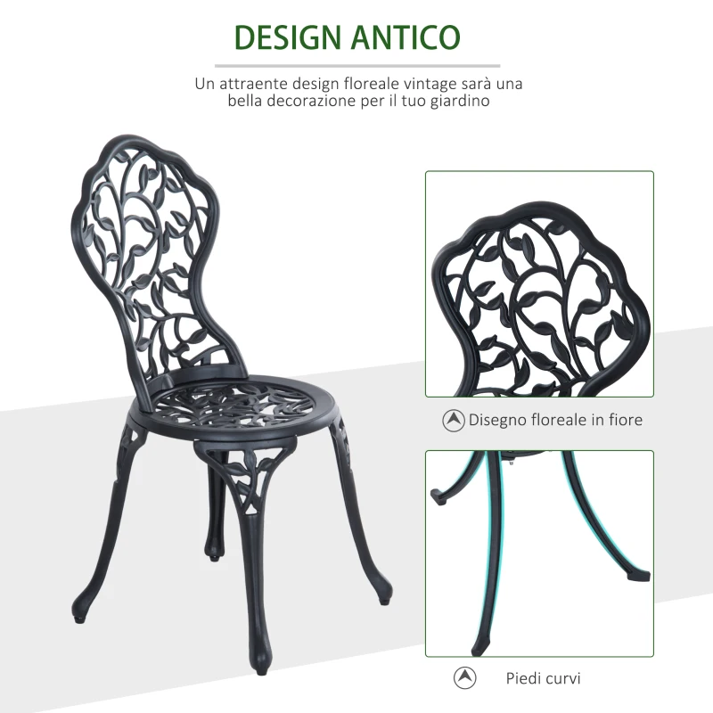 Outsunny Set da Giardino 3 Pezzi con 2 Sedie da Esterno e Tavolo Rotondo in Alluminio, Nero