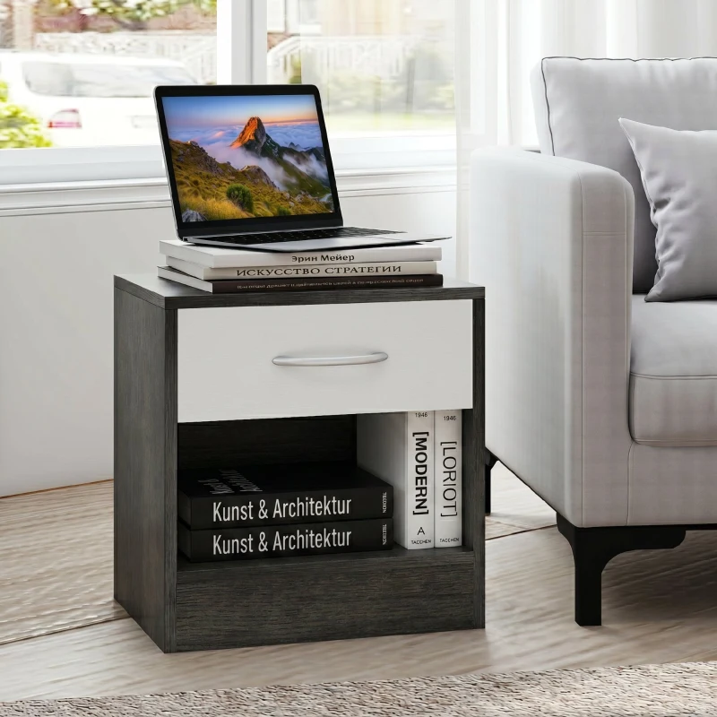 HOMCOM Set de 2 Noptiere Moderne cu Raft Deschis și Sertar, din Lemn, 39x28x41 cm, Alb și Gri Închis