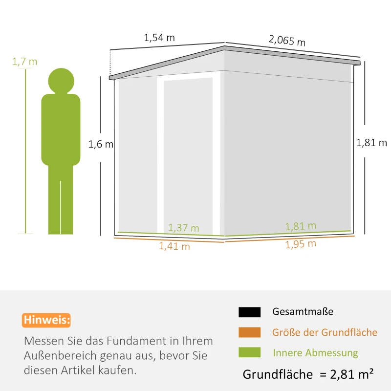 Outsunny Metall Gerätehaus 2,81m² 154x206,5x181 cm Geräteschuppen mit Pultdach Fundament(m-3)