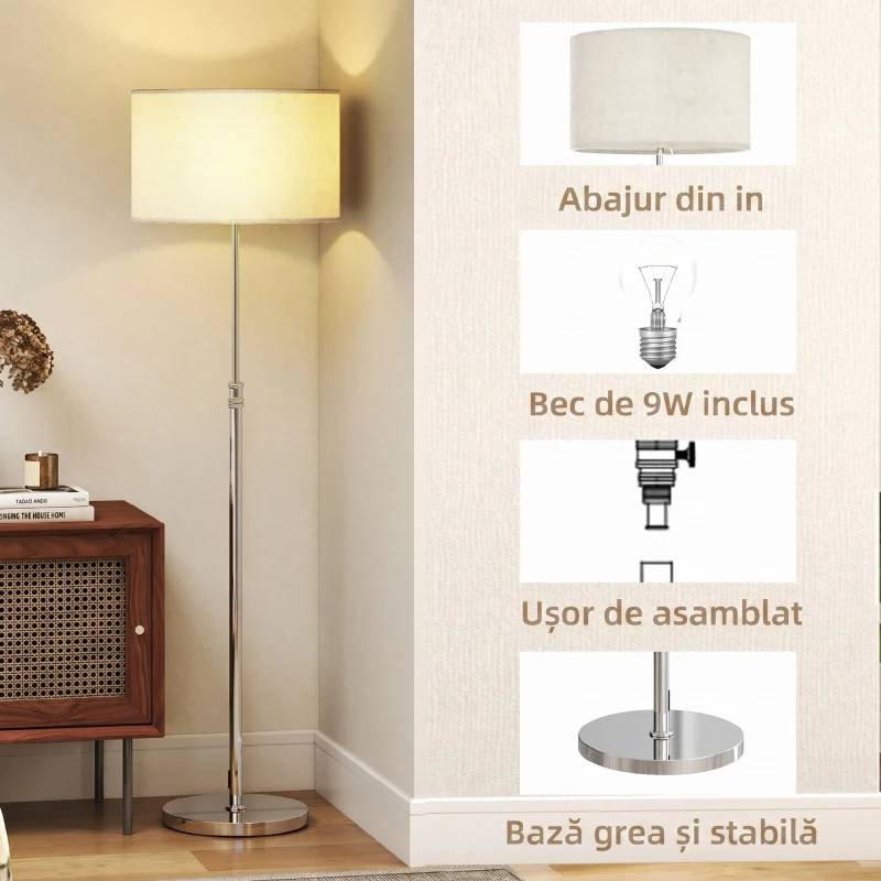 HOMCOM Lampă de Podea cu Telecomandă și Luminozitate Reglabilă 3000k-6000k, cu Abajur Textil, Argintie