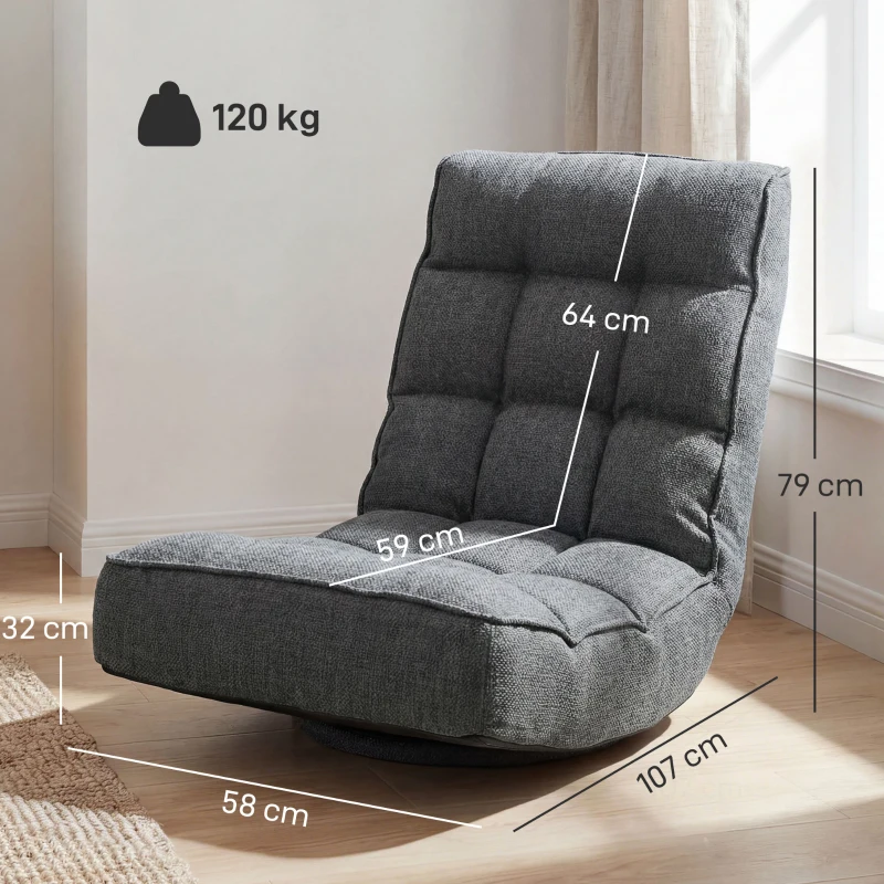 HOMCOM Silla de Suelo Plegable Silla de Lectura Giratoria 360° con Respaldo Ajustable en 5 Posiciones 58x107x79 cm Gris