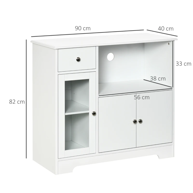 HOMCOM Móvel para Micro-ondas de cozinha Armário de Armazenamento para Cozinha Sala de Jantar 90x40x82 cm Vidro Temperado e Madeira Branco