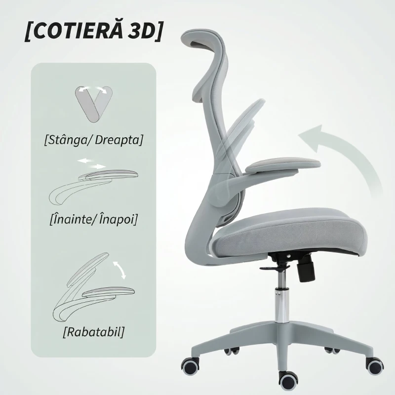 HOMCOM Scaun de Birou Ergonomic cu Brațe Reglabile, Spătar din Plasă și Tetieră, Gri