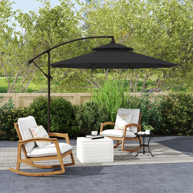 Outsunny 2.7m Garden Banana Parasol Cantilever Umbrella with Crank Handle, Double Tier Canopy and Cross Base for Outdoor, Hanging Sun Shade, Black(m-21)