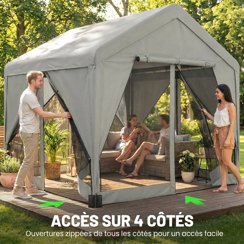 Outsunny Tonnelle de jardin pavillon de jardin hydrofuge structure robuste en acier galvanisé avec toit double pente 3x3m gris