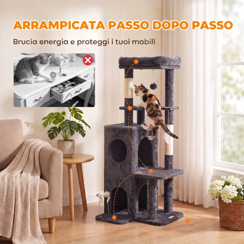 PawHut Albero Tiragraffi per Gatti Alto 132 cm con Pali in Sisal, Cuccia e Casetta, Grigio Scuro