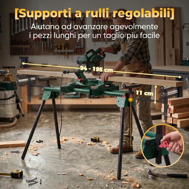 HOMCOM Supporto per Troncatrice con Bracci Regolabili, Gambe Pieghevoli, Altezza Regolabile, Capacità 150 kg, Verde