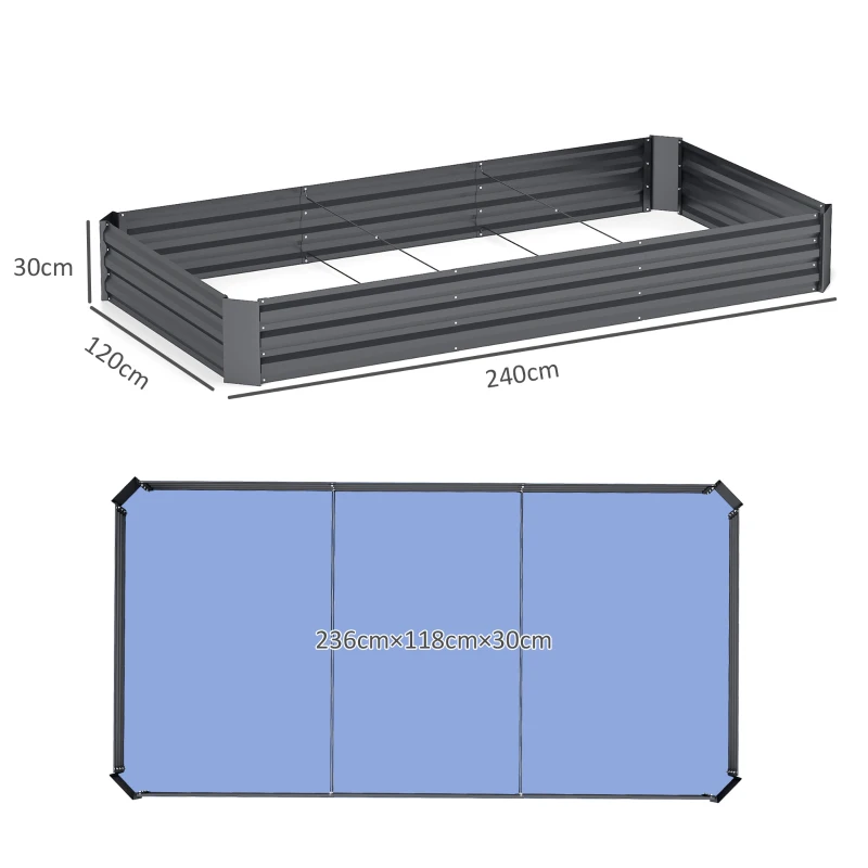 Outsunny Letto per Orto Rialzato in Acciaio da 835L con Fondo Aperto, 240x120x30 cm, Grigio Scuro