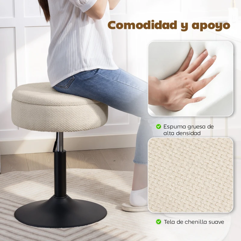 HOMCOM Taburete de Bar con Almacenaje Altura Ajustable Taburete de Cocina Redondo Giratorio Tapizado en Chenilla Beige