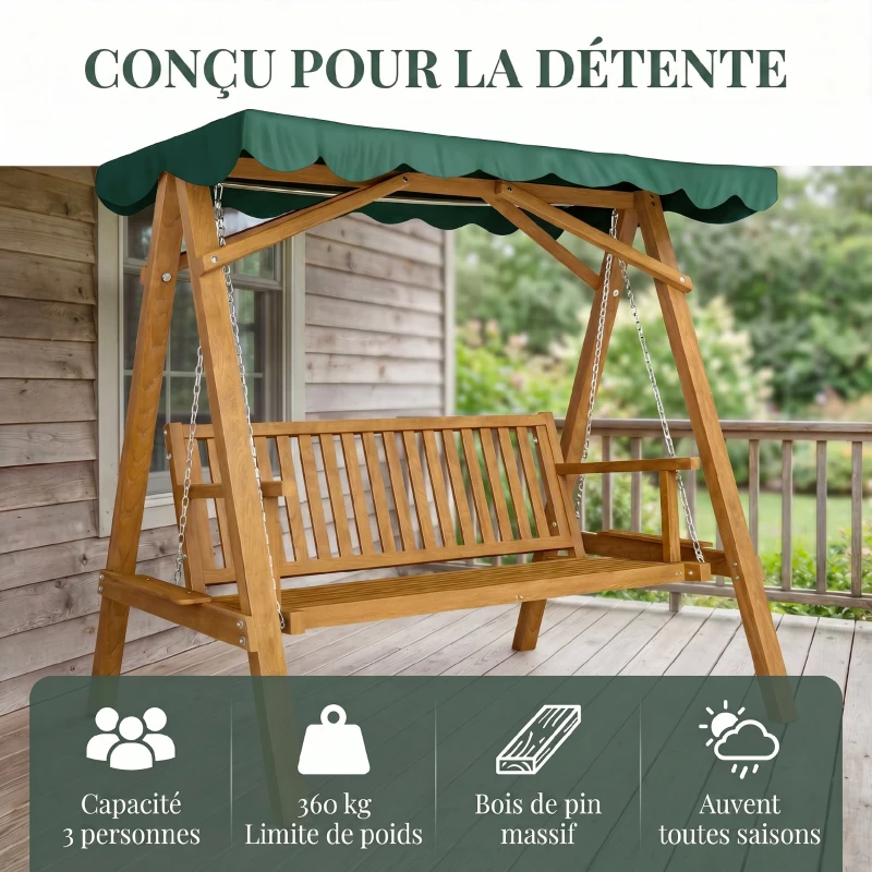 Outsunny Balancelle de Jardin 3 Places Toit imperméabilisé 2 tablettes Support 1,95L x 1,33l x 1,86H m Charge Max. 360 Kg Bois de pin Vert