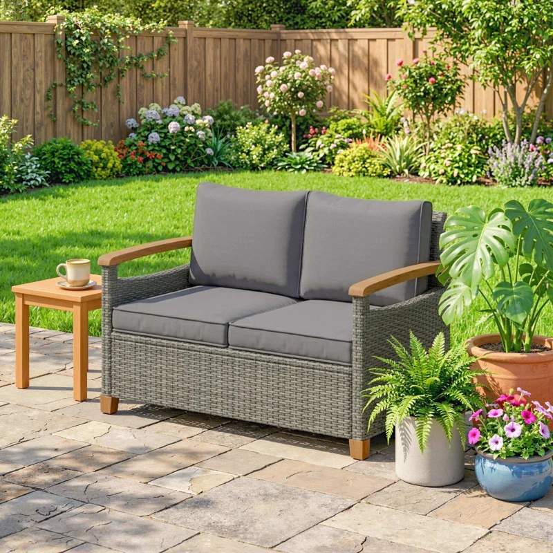 Outsunny 2 Seater Rattan Garden Sofa, Outdoor Sofa with Thickened Cushions and Acacia Wood Armrests, Dark Grey