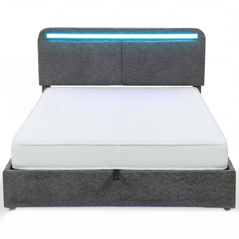 HOMCOM Lit coffre 140 x 190 cm avec éclairage LED, tête de lit réglable, cadre de lit double, sommier à lattes en bois, gris