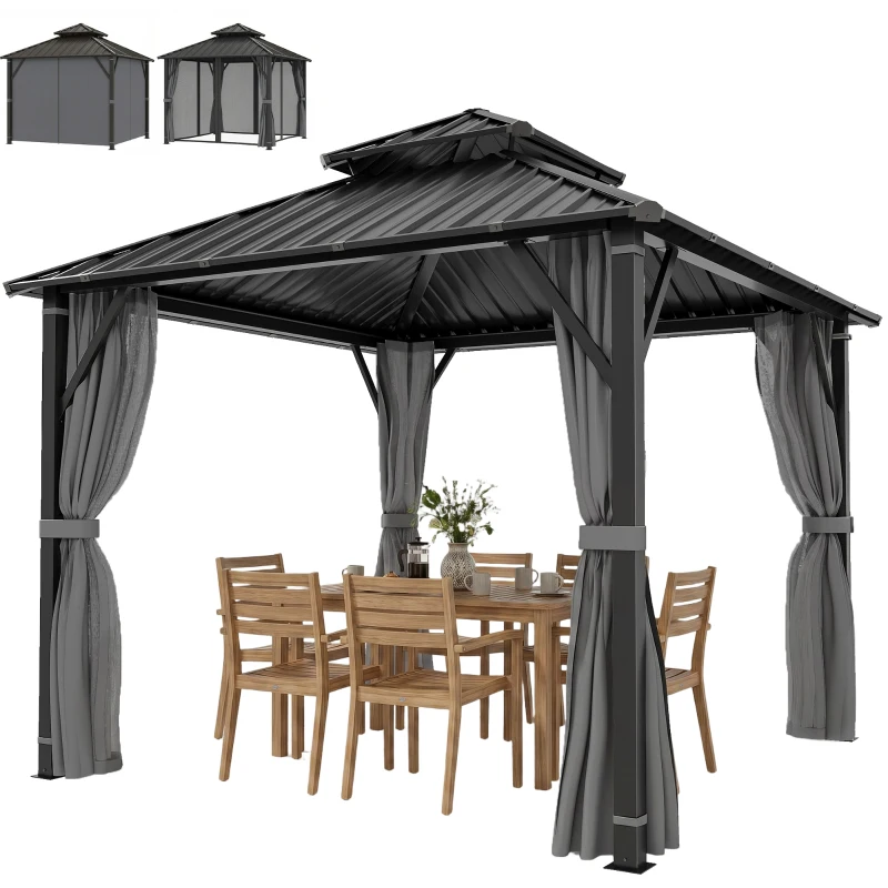 Outsunny 3 x 3(m) Hardtop Gazebo Canopy with Metal Roof, Waterproof Permanent Pavilion Garden Gazebo with Netting, Curtains, Grey