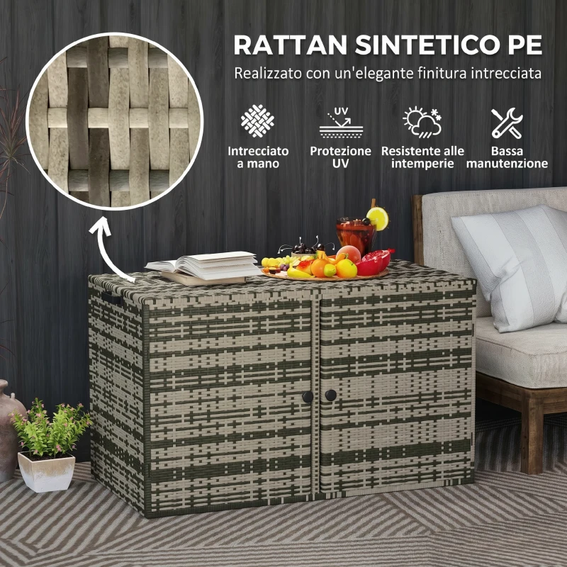 Outsunny Baule da Esterno da 350L a 2 Livelli con Pistoni a Gas, Rattan PE e Acciaio, 118x57x69 cm, Grigio