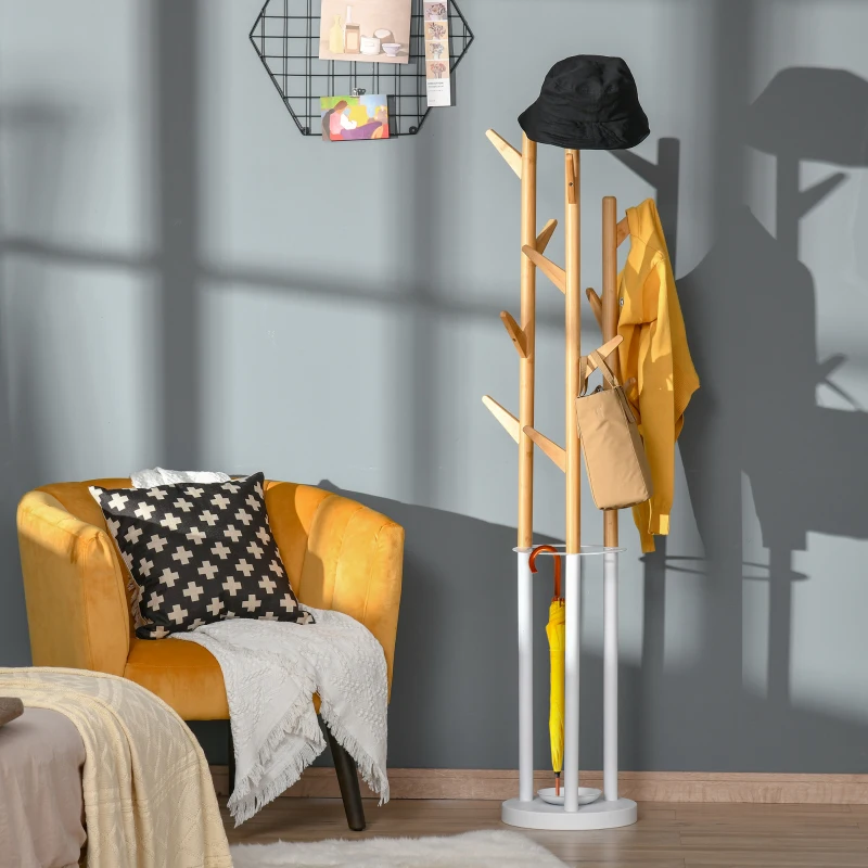 HOMCOM Garderobenständer, Kleiderständer mit 12 Haken und Schirmständer, Garderobe in Baumform, moderner Jackenständer für Kleidung, Hut, Tasche, für Wohnzimmer, Schlafzimmer, Bambus, Natur+Weiß