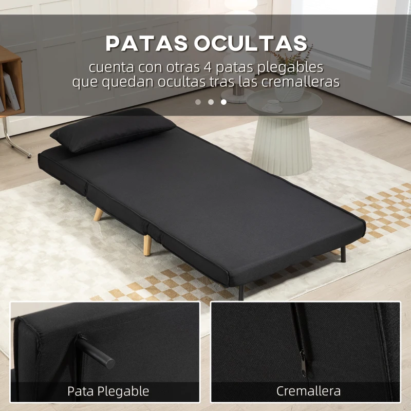 HOMCOM Sillón Cama Plegable con Respaldo Ajustable en 6 Posiciones Almohada Acolchada Carga 120 kg 94x78x80 cm Negro