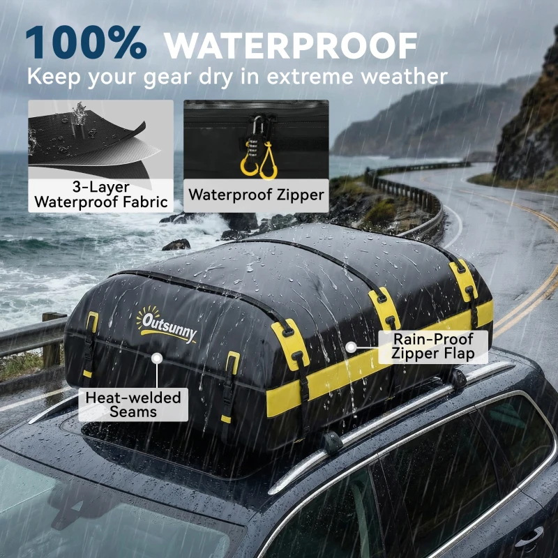 Outsunny Car Roof Bag, 21 Cubic Feet Waterproof Soft Car Roof Box Roofing Cargo Carrier w/ Reflective Arrows, Door Hooks, Yellow