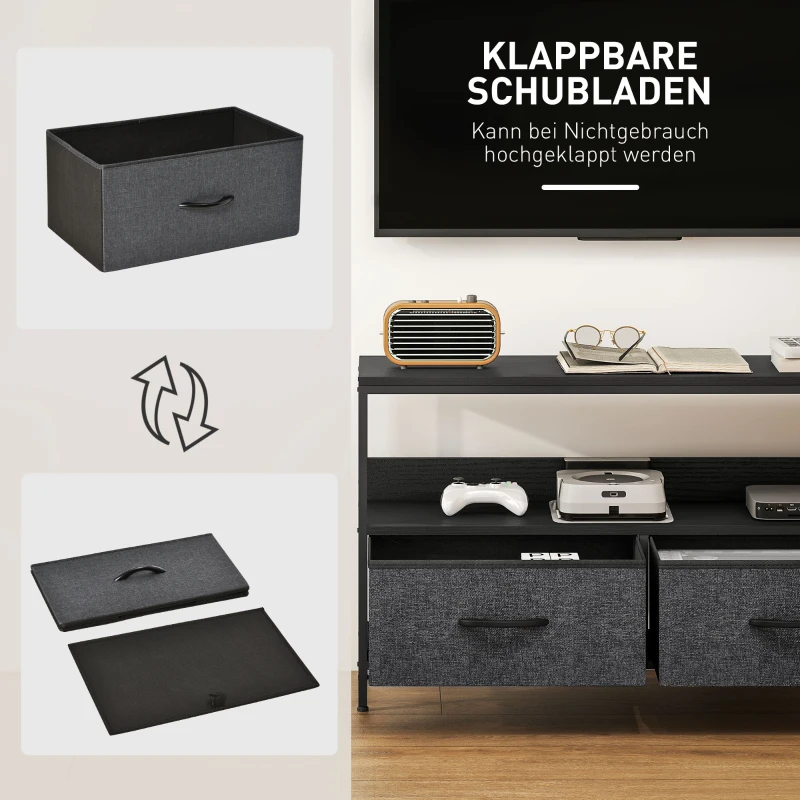 HOMCOM TV Schrank Lowboard mit 2 Schubladen, offenem Fach, für Fernseher bis 47 Zoll, 98 x 29 x 56 cm, Schwarz+Dunkelgrau