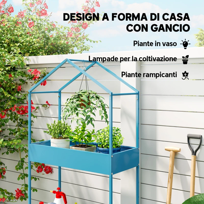 Outsunny Portavasi a 2 Livelli in Metallo a Forma di Casetta con Gancio, 75x35x150 cm, Blu Verde