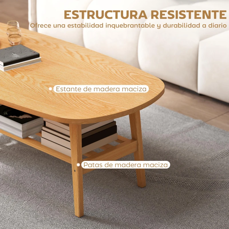 HOMCOM Mesa de Centro Moderna Mesa Baja con Estante Abierto y Patas de Madera para Salón Carga 100 kg 120x60x42cm Natural