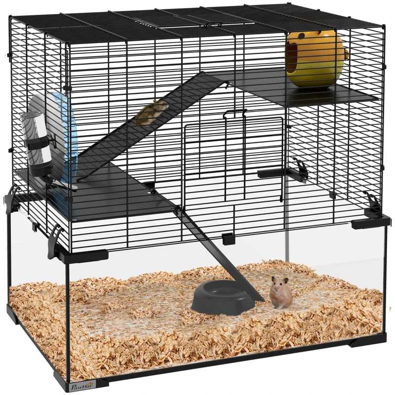PawHut Cușcă pentru Hamsteri cu 3 Niveluri, Roată, Rampe și Bază Detașabilă, 60x40x57cm, Negru