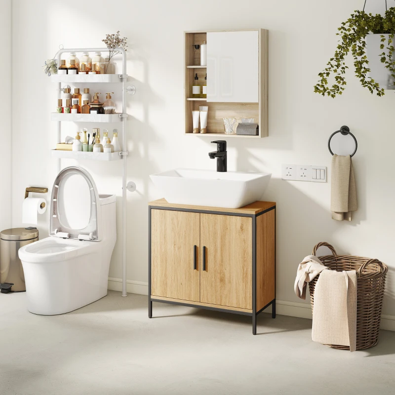 HOMCOM Waschbeckenunterschrank Badezimmer Unterschrank mit 2 Türen, einstellbarem Regal Badezimmerschrank mit Stahlrahmen, für Waschbecken ohne Sockel, Eiche, 60x30x60 cm